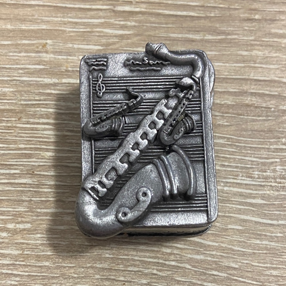 Vintage Torino Pewter Saxophone Jewelry Necklace Brooch Earrings Trinket Box Set